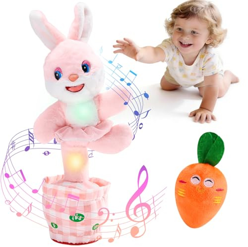 Cessfle Talking Dancing Easter Bunny Plush, Easter Basket Stuffers Toddler Girl Boy, Volume Adjustable Glowing Dancing Talking Bunny Toys with 60+ Songs, Baby Girl Boy Easter Gift, Hopping Bunny Toy