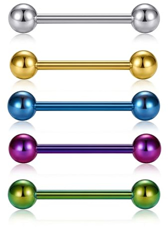 AVYRING G23 Solid Titanium Tongue Bars 14G 16mm Hypoallergenic – Set of 5 Colors (Silver/Gold/Blue/Purple/Green) for Men Women Party Music Fest Daily