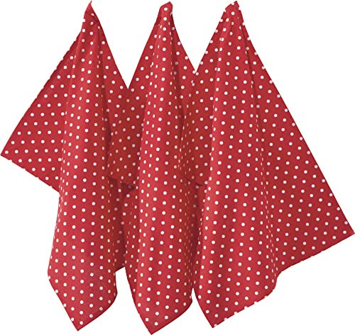REDBEST Geschirrtuch, Trockentuch Punkte 3er- Pack, 100% Baumwolle rot Größe 50x70 cm - Robustes, glattes Gewebe, besonders saugstark, mit Aufhängung (weitere Farben)