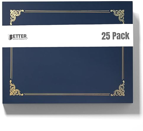 Better Office Products 25 Pack Navy Blue Certificate Holders, Diploma Holders, Document Covers with Gold Foil Border, for Letter Size Paper, 25 Count, Blue