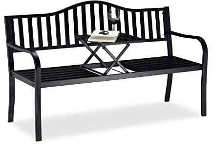 Relaxdays Banc de jardin avec table pliante, 3 places, extérieur, balcon et terrasse, robuste, 90 x 150 x 57,5 cm, noir