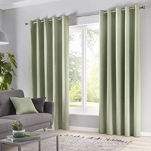 Fusion Sorbonne 100% Cotton Eyelet Lined Curtains, Green, 46 x 72 Inch