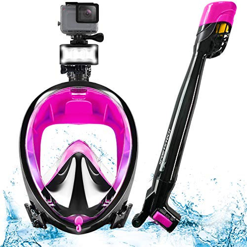 Sportstech CO2-SICHERE SCHNORCHELMASKE MIT 360° SCHNORCHEL + Quick-Clip, LED & KAMERAHALTERUNG | OHNE PENDELATMUNG | EASYBREATH TAUCHMASKE FÜR Kinder & Erwachsene | Panorama VOLLGESICHTSMASKE SNX650