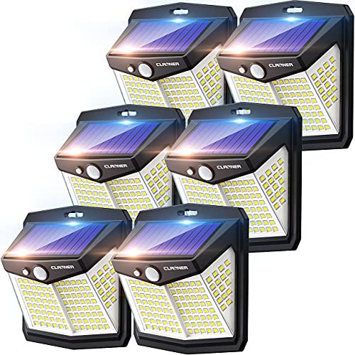 Claoner 128 LED Solar Motion Sensor Security Lights with 3 Lighting Modes IP65 Waterproof Durable Solar Powered Wall Lights 270° Lighting Angle for Yard, Door, Fence, Pathway (6 Pack)