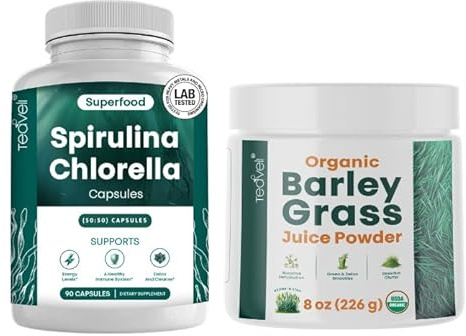 Teaveli Spirulina and Chlorella Capsules and Orgaic Barley Grass Juice Powder Bundle