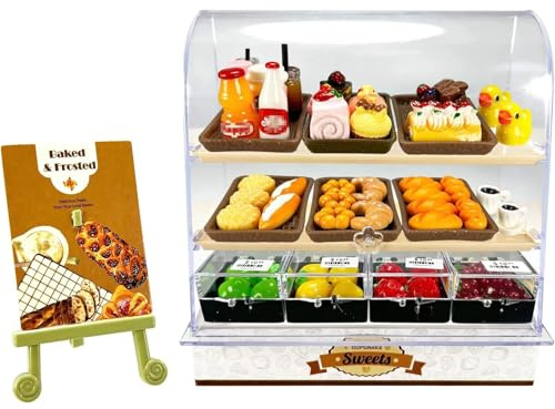 86 Pieces Miniature Bakery Case Cake Stand Display Cabinet with Food Set Mini Plastic Counter Dessert Donuts for 1:12 Doll House Store Scene Decoration Gift Dollhouse Bread Shop Model Playhouse