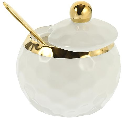 Alipis Ceramic Sugar Bowl with Lid and Spoon, Decorative Porcelain Condiment Jar, Golden and White, 320ML