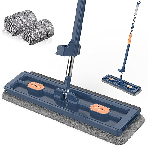 Großer Flachmop, Flacher Wischmopp, 360° Drehgelenk Bodenwischer Set Flachmopp mit Wiederverwendbaren Mikrofaser-Wischpads, Bodenwischer Set für Hartholz Laminat Fliesen (Blau + 1 Pads)