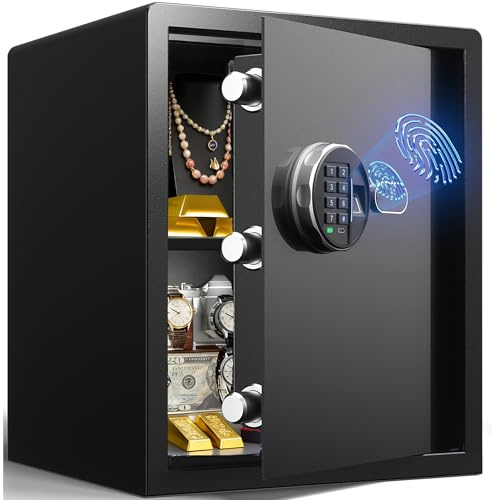 Grimtron Smart Biometric Safe Fingerprint Lock Box with Silent Mode, Backlit Keypad and LED Light, Small Caja Fuerte Valentines Day Gifts for Men Women (16.54H x 12.99D x 13.78W)