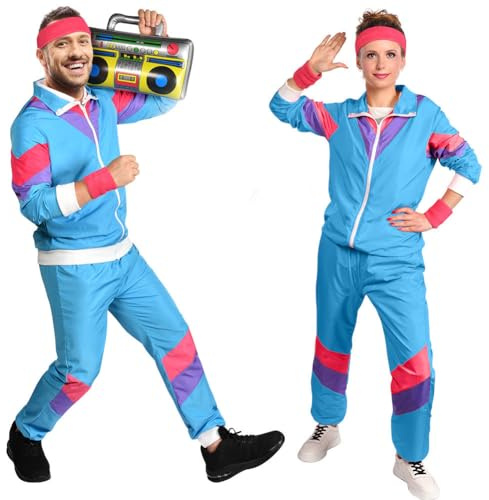 Aomig Déguisement Année 80 Homme Femme Costume Années 80 Survêtemen, Rétro Disco Hippie Survêtement Veste Pantalon Accessoire Bandeau Protège-poignets pour Carnaval Halloween Fête Bad Taste(Bleu-XL)