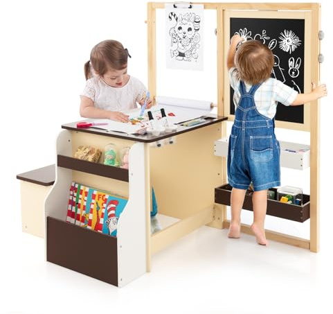 DREAMADE Table à Dessin en Bois Enfant 3+Ans avec Banc&Tableau, Bureau Enfant Double Face avec Table d’Art&Bibliothèque&Porte-Rouleau de Papier&Marqueur (Café, avec Chevalet)