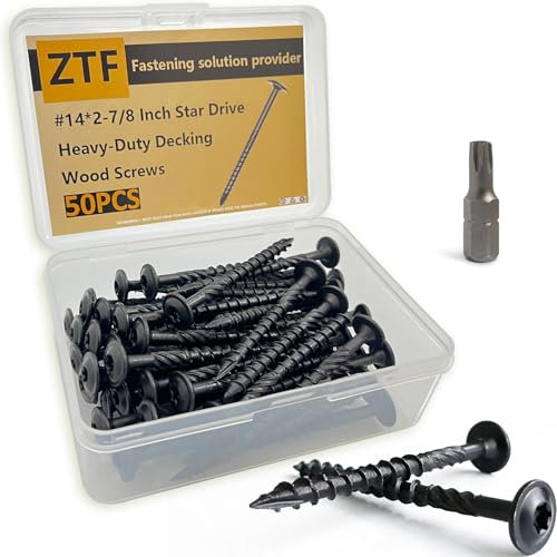 ZTF 50PCS #14 x 2-7/8 Inch Black Deck Wood Screws, Star Drive Timber Decking Screws, Heavy Duty Exterior Torx lag Screws, Rust Resistant Landscaping Screws for Fence, Wood to Metal, Roofing, etc.