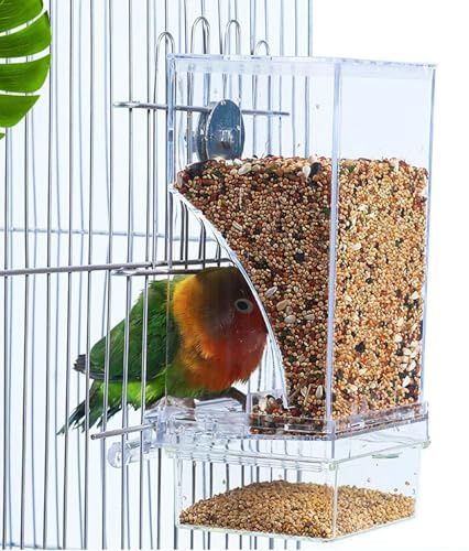 Xemnys - Comedero automático para jaula de pájaros, comederos para periquitos para jaulas con percha, comedero de pájaros sin ensuciar, contenedor de semillas colgante para loro, periquito, canario