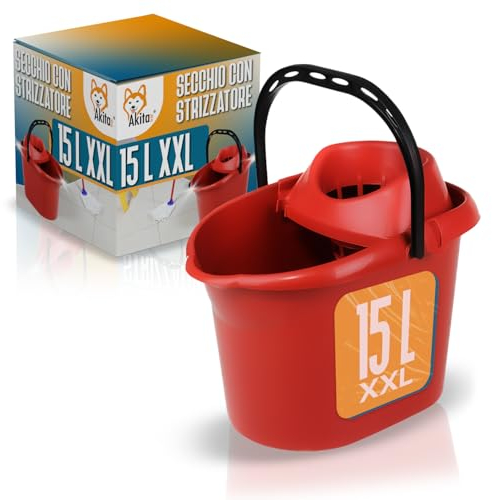 AkitaINK Secchio con Strizzatore 15L Rosso - Secchio per lavapavimenti - Polipropilene - Ideale per Pulizia - Rettangolare - Casa e Cucina