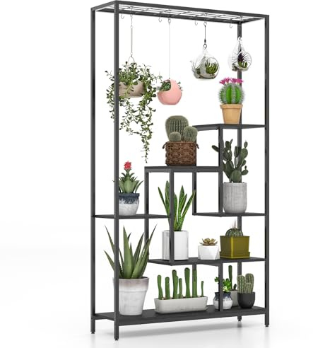 GOPLUS Support pour Plantes Intérieur à 6 Niveaux, Présentoir pour Pots de Fleurs, 10 Crochets, Étagère à Fleur en Bois et en Métal, Style Industriel, pour Chambre, Salon, 100x30x180cm (Noir)