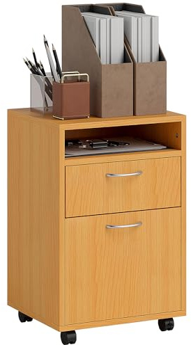 HOMCOM Filing Cabinet, Mobile File Cabinet with 2 Lockable Drawers, Office Home Organiser on Wheels for A4, Letter-Size File Folders, Mobile Printer with Open Shelf, Natural Wood Finish