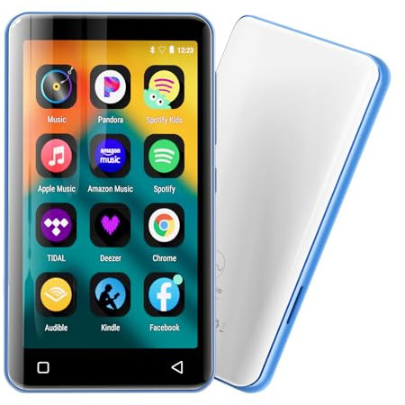 Innioasis 80 GB Reproductor MP3 con Bluetooth y WiFi, Reproductor de música Mp3 y Mp4 ave Spotify, Kids, Tidal, Deezer, Reproductor de vídeo con pantalla táctil de 4 pulgadas, 1080 P(blanco y azul)