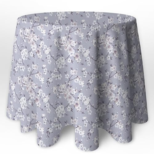 LaFábricadelasTelas - Falda o Ropa de Mesa Camilla Redonda Flores Almendro Beige y Gris. Primavera Verano Loneta Estampada algodón, Faldón Faldilla enagüilla 60-70-80-90-100 (Gris, 80 Redonda)