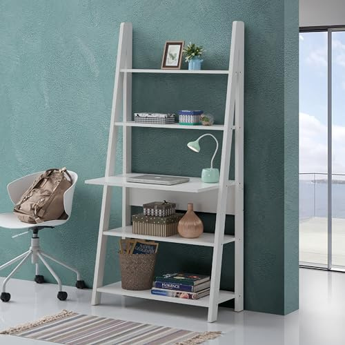 Tall Ladder Desk with Five Tier Shelves Space Saving Home Office Furniture Oak Finish