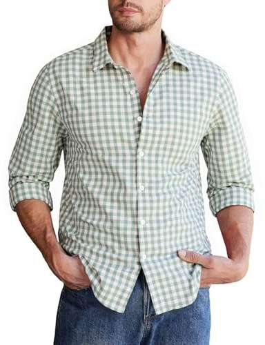Halfword Camisa a Cuadros Hombre Manga Larga Informal Algodón Popelín Botones Trabajo Verde M
