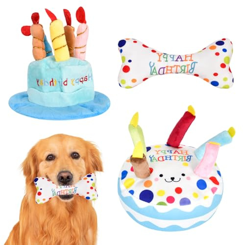 Alyxen Set Compleanno per Cani, Giocattolo Cane con Cappello Torta di Peluche Osso, Peluche Compleanno Cane, Giocattoli Morbidi Interattivi, Regalo Morbido per Cani Piccoli e Medi