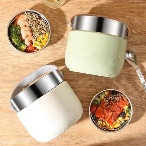 Contenitore termico per il pranzo in acciaio inossidabile, contenitore termico per alimenti da 1500 ml, con coperchio, contenitore a 6 strati isolante con cucchiaio pieghevole (bianco)