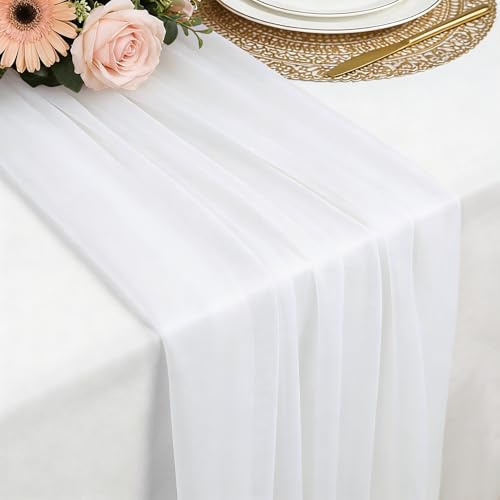 Runner de Tavolo Bianco in Chiffon, 77 X 300 CM Morbido e Confortevole Runner de Tavolo Moderno Tulle per Matrimoni, Feste, Battesimi, Baby Shower, Addio Al Nubilato, Decorazione da Tavolo in Cucina