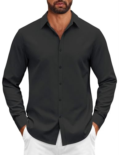 COOFANDY Camicia da Uomo a Maniche Lunghe in Cotone con Bottoni Nera M