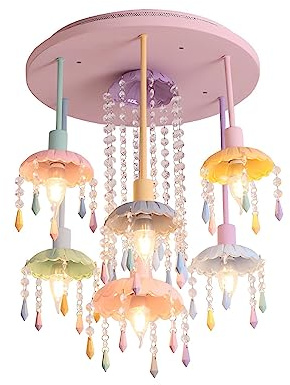 NASOSOLA Macaron Color Umbrella Crystal Chandelier with 6 Lights, Pink Iron and Glass Design, Unique Parasol Shape E14 Base, Ceiling Light for Living Room, Bedroom, Study
