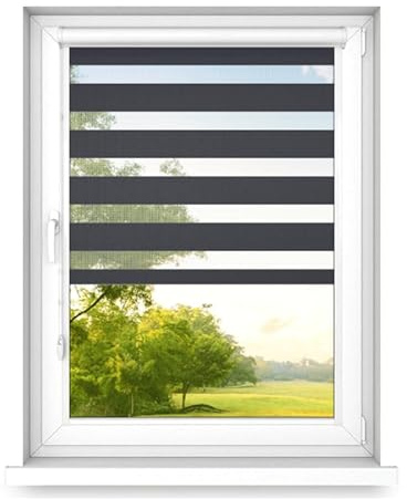 time4blinds – Dubbelrullgardin Utan Borrning – Zebra-Rullgardiner för Fönster och Dörrar – för Limning, med Aluminiumkassett, Ljusgenomsläppligt Tyg – Antracit, 1400x600, Höger