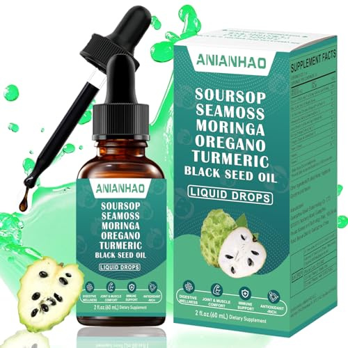 10-in-1 Soursop Bitters Liquid Drops, with Sea Moss, Moringa, Turmeric, Black Seed Oil, Oregano, Ashwagandha | Herbal Extracts for Overall Health-Enhancing | Vegan, Non-GMO | 60ml