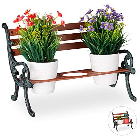 Relaxdays Mini Blumenbank, Gusseisen & Holz, Blumenständer für 3 Blumentöpfe, Ø 9 cm, Garten Deko Bank, braun/grau-grün