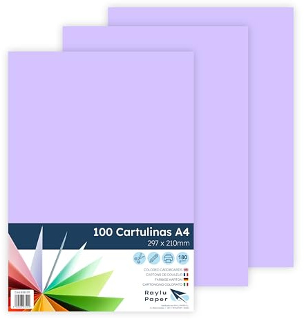 RAYLU PAPER – Cartoncini Colorati A4, 100 Pezzi Fogli Colorati 180g/m², 210 x 297 mm, Carta Colorata Proffesionale per l’ufficio e per l'artigianato (Lilla)
