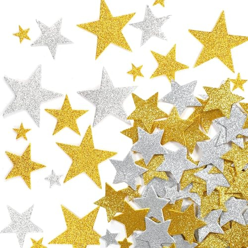 200 Pcs Foam Gold Stars, Glitter Gold Star Stickers Large, Foam Stars Stickers Silver for Children Crafting Teacher Reward Scrapbook for Crafts Glitter Art Classroom