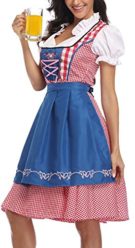 Dirndl Damen Midi - Trachtenkleid Hochgeschlossen Dirndlkleid Trachten Kleid + Dirndlbluse Dirndel Trachtenmode Dirndelkleider Dirndl & Dirndl-Sets für Frauen Mädchen Oktoberfest Outfit