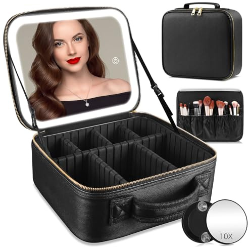Borsa per il trucco da viaggio con specchio illuminato Partizionabile Makeup Train Case Cosmetic Make up Organizer Bag con 3 modalità di colore Dimming Light up Mirror