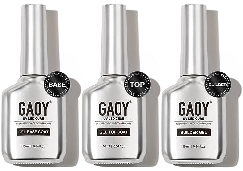 GAOY Gel Top Coat, Builder Gel and Base Coat Set, 3 Pcs 16ml Clear Glossy No Wipe Combination for UV Light Cure
