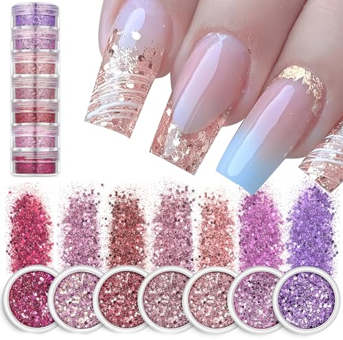7 Farben Nagel Pailletten Glitzer Nageldeko Glänzend Nagellackpulver für Make Up Gesicht Augen Körper Nägel Puder Nail Art Glitter Pailletten Glitzerpulver Nagelkunst Maniküre (Rosegold)