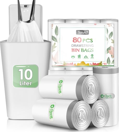Teivio Sacchetti per la spazzatura piccoli da 10 litri con rubinetto per cravatta, 80 sacchetti per la spazzatura con coulisse resistenti per bidoni della spazzatura da 8-10 litri, sacchetti per la