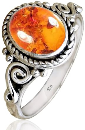925 Sterling Silver Ring for Women, Men, 6x8MM Oval Gemstone Delicate Ring, Valentine Day Gift (US Ring size 7, Amber)