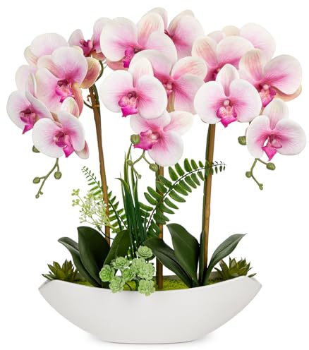 Oairse 45,72 cm rosa orkidé konstgjorda blommor med keramisk båtkruka för bord