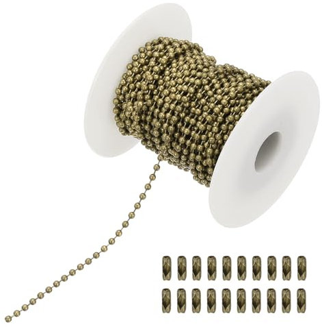 PATIKIL 10m/32.8ft Beaded Ball Chain, 2mm Stainless Steel Pull Chain Extension with 20 Pcs Connectors for Tag Chain, Keychain Rings, DIY Crafts, Bronze