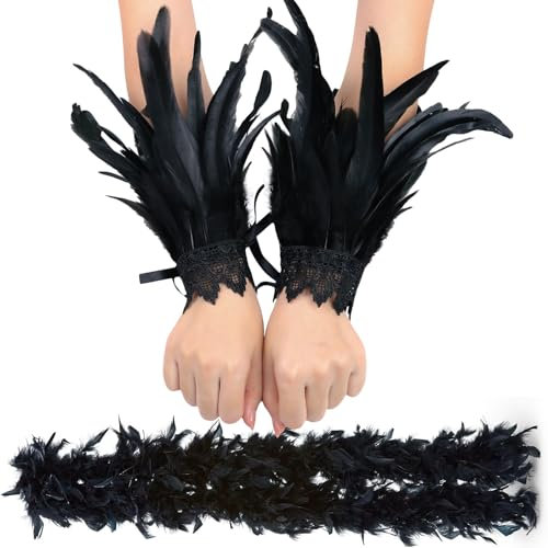 Federboa Schwarz,Damen Handgelenk Manschetten Federn Schwarz,Federboa,Vintage Feder Manschette Spitzenflügel-Armbänder, Gothic-Mesh-Armband Zubehör für Halloween Karneval Kostüm Rollenspiel Party Game