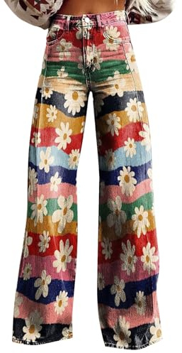 LinRim Schlaghose Damen Jeans Wide Leg Baggy Jeans Boho Strandhose Hippie Blumen Sommerhose Elegant High Waist Bootcut Freizeithose Vintage Boyfriend Jeans Gerade Bein Jeanhose