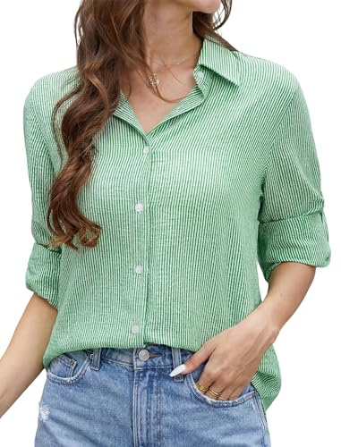 Enmain Camisa de Mujer a Rayas Manga Larga y Lino con Botones Blusa Elegante con Cuello V con Botones Informal Oficina S-2XL