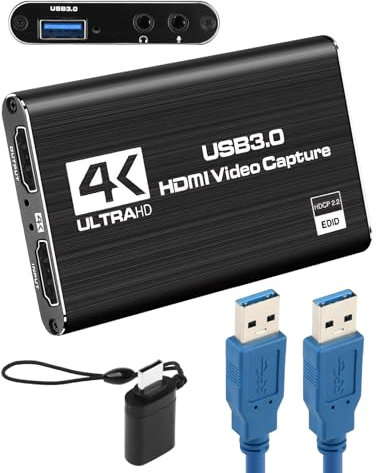 4K HDMI Audio Video Capture Card, USB 3.0 Full HD 1080P/60FPS 2K/30fps Game Capture Cards Device for Live Streaming Broadcasting Recording Compatible with PS5 Switch Camera OBS Mac Linux Windows
