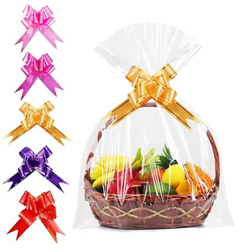5 Piezas Bolsas de Celofán Grandes, 100 x 70 cm Bolsas de Cesta de Regalo Transparentes, Bolsas Transparentes de Canasta con 5 Lazos, para Regalos, Cestas, Flores, Artesanías, Cesta de Manualidades
