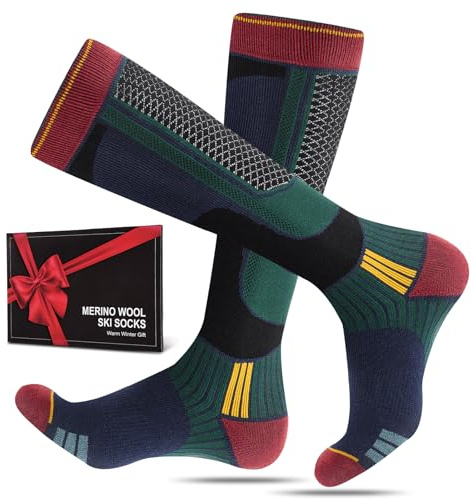 SukModen 2 Paar Skisocken aus Merinowolle für Herren Damen Jugendliche, Warme Merino Socken Thermosocken Dicke Wintersocken für Kaltes Wetter Skifahren Snowboarden Skistrümpfe Retro 43-46