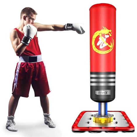 Dripex Sac de Frappe sur Pied Rempli 120 cm Sac de Boxe Adolescent Punching Bag avec 12 Ventouses pour Karaté Taekwondo MMA - Rouge