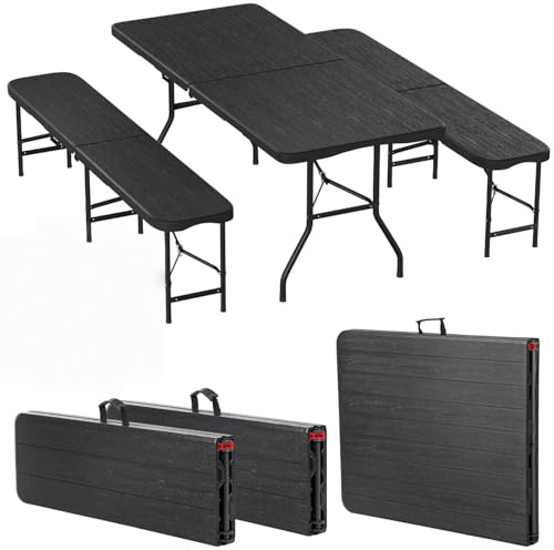 Eikuavons Juego de mesa y 2 bancos de cerveza, plegable, para interior y exterior, 180 x 74 x 74 cm, mesa plegable de plástico, aspecto de vetas de madera, mesa de jardín con asas